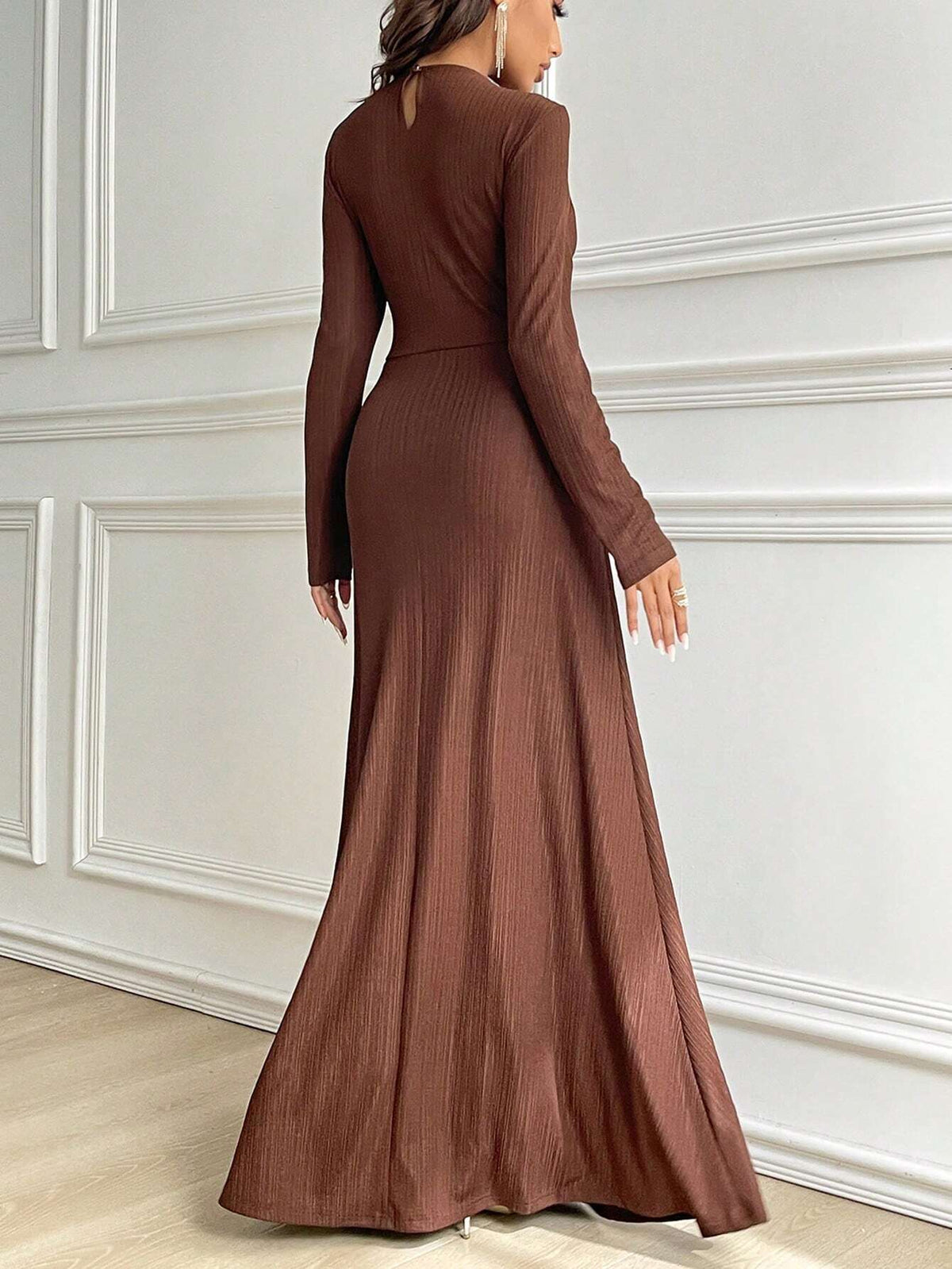 Women's Solid Color Round Neck Long Sleeve Dress, Spring & Summer