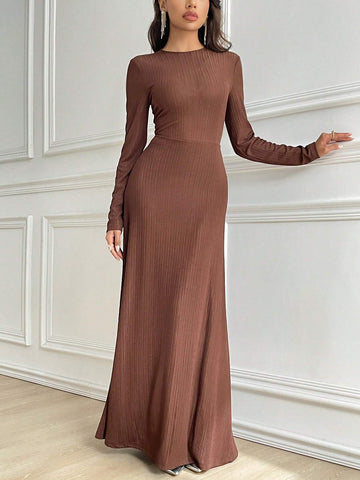 Women's Solid Color Round Neck Long Sleeve Dress, Spring & Summer