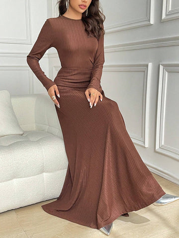 Women's Solid Color Round Neck Long Sleeve Dress, Spring & Summer