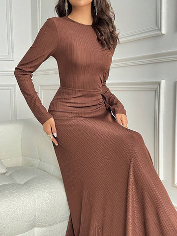 Women's Solid Color Round Neck Long Sleeve Dress, Spring & Summer