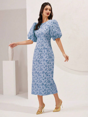 Women's Solid Color Round Neck Puff Sleeve Elegant Waist-Cinching Dress