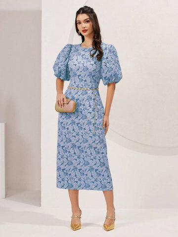 Women's Solid Color Round Neck Puff Sleeve Elegant Waist-Cinching Dress