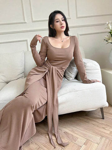 Women's Solid Color Round Neck Tie Front Long Sleeve Dress