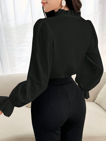 Modely Women's Solid Color Ruffle Trim Button Up Long Sleeve Casual Blouse