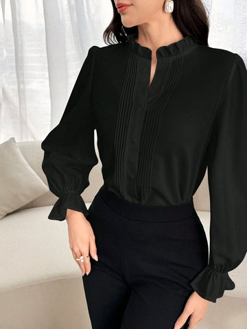 Modely Women's Solid Color Ruffle Trim Button Up Long Sleeve Casual Blouse