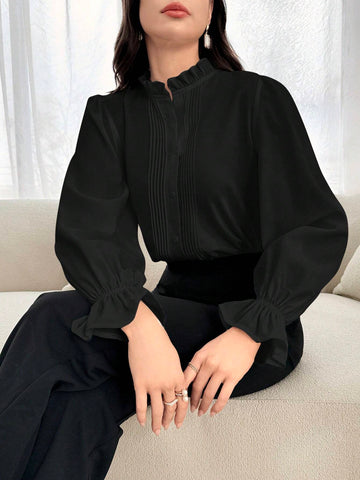 Modely Women's Solid Color Ruffle Trim Button Up Long Sleeve Casual Blouse