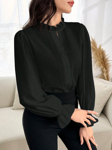 Modely Women's Solid Color Ruffle Trim Button Up Long Sleeve Casual Blouse
