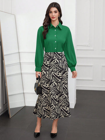 Women's Solid Color Shirt And Printed Mermaid Skirt Two-Piece Set