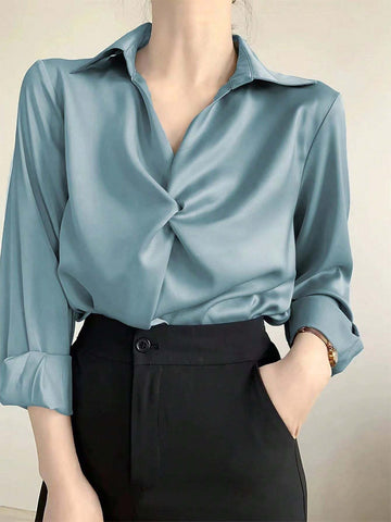 Modely Women's Solid Color Shirt Collar Twist Design Elegant Long Sleeve Summer Shirt