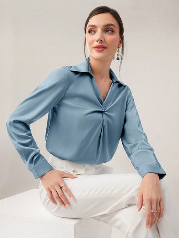 Modely Women's Solid Color Shirt Collar Twist Design Elegant Long Sleeve Summer Shirt