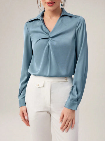 Modely Women's Solid Color Shirt Collar Twist Design Elegant Long Sleeve Summer Shirt