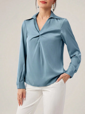 Modely Women's Solid Color Shirt Collar Twist Design Elegant Long Sleeve Summer Shirt
