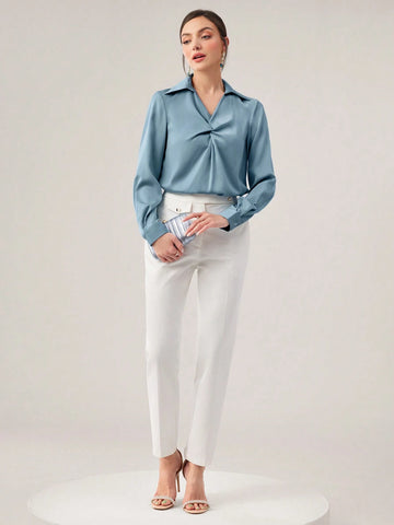 Modely Women's Solid Color Shirt Collar Twist Design Elegant Long Sleeve Summer Shirt