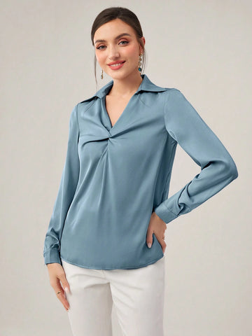 Modely Women's Solid Color Shirt Collar Twist Design Elegant Long Sleeve Summer Shirt