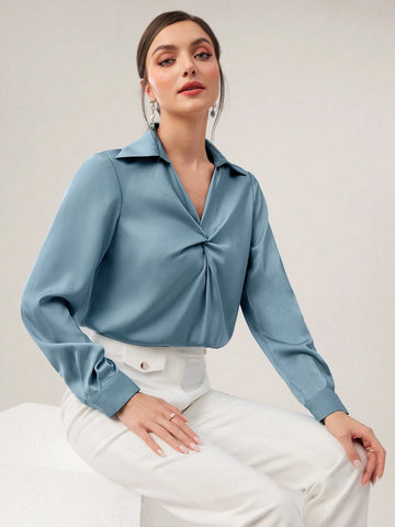 Modely Women's Solid Color Shirt Collar Twist Design Elegant Long Sleeve Summer Shirt