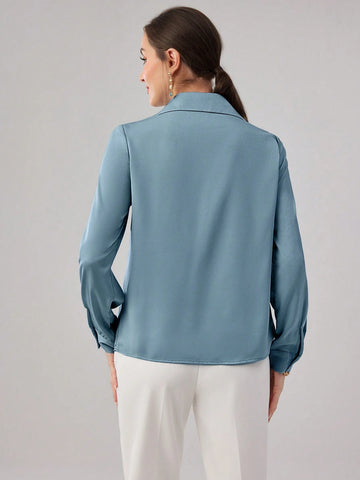 Modely Women's Solid Color Shirt Collar Twist Design Elegant Long Sleeve Summer Shirt