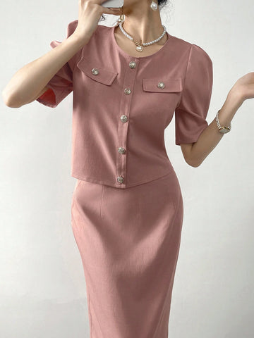 Women's Solid Color Simple Daily Wear Top And Skirt Two-Piece Set