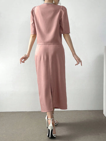 Women's Solid Color Simple Daily Wear Top And Skirt Two-Piece Set