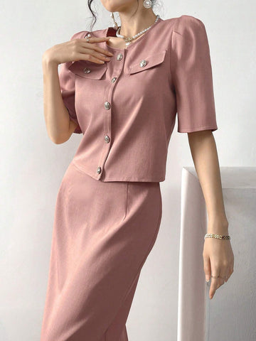 Women's Solid Color Simple Daily Wear Top And Skirt Two-Piece Set
