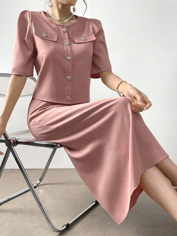 Women's Solid Color Simple Daily Wear Top And Skirt Two-Piece Set