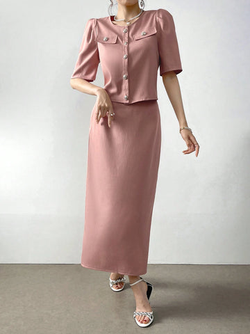 Women's Solid Color Simple Daily Wear Top And Skirt Two-Piece Set