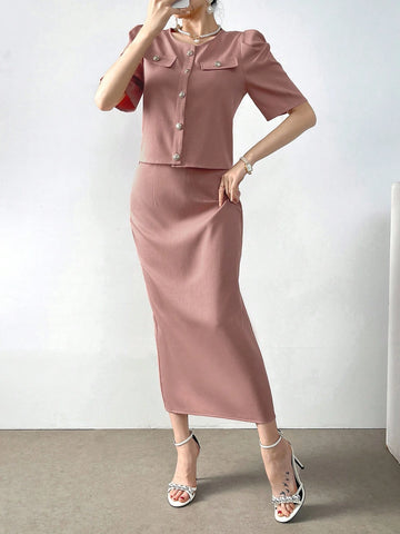 Women's Solid Color Simple Daily Wear Top And Skirt Two-Piece Set