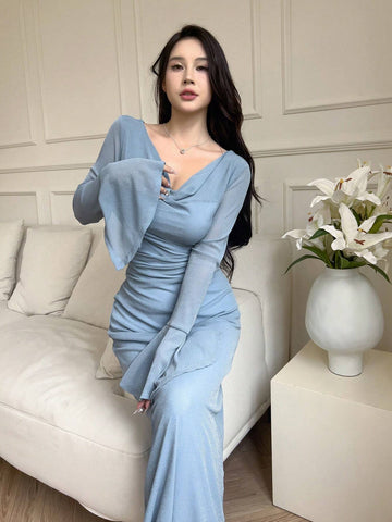 Women's Solid Color Simple Flared Sleeve Casual Dress