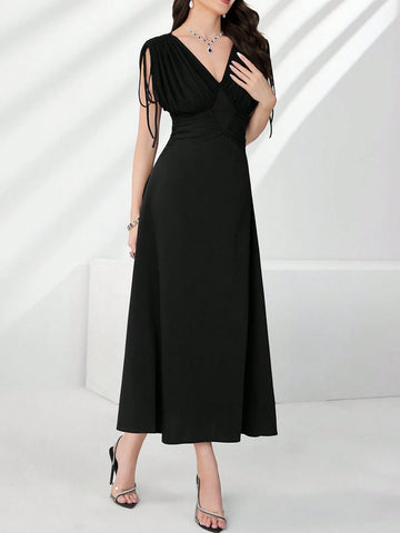 Women's Solid Color Sleeveless V-Neck Waist-Cinched Dress