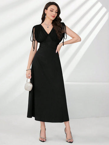 Women's Solid Color Sleeveless V-Neck Waist-Cinched Dress