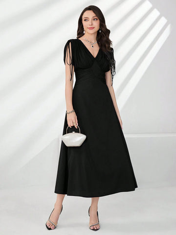 Women's Solid Color Sleeveless V-Neck Waist-Cinched Dress
