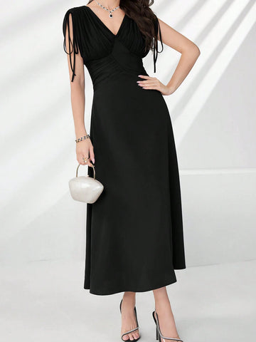 Women's Solid Color Sleeveless V-Neck Waist-Cinched Dress