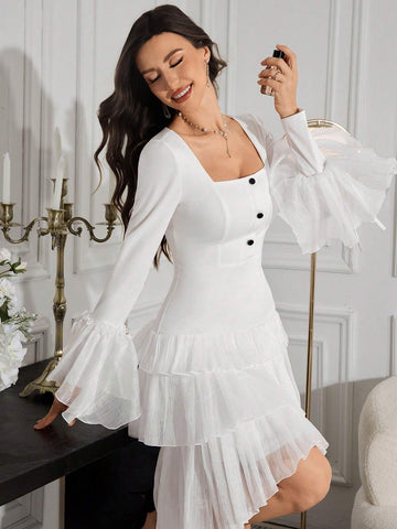 Women's Solid Color Square Collar Flare Sleeve Ruffle Hem Elegant Dress, Spring Autumn
