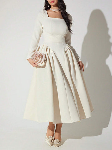 Women's Solid Color Square Neck Long Sleeve Pleated Long Elegant Dress, Spring And Autumn