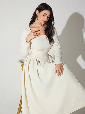 Women's Solid Color Square Neck Long Sleeve Pleated Long Elegant Dress, Spring And Autumn