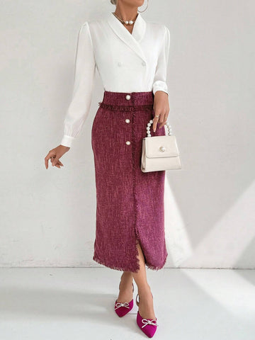 Modely Women's Solid Color Stand Collar Double-Breasted Lantern Sleeve Elegant Blouse,spring And Summer