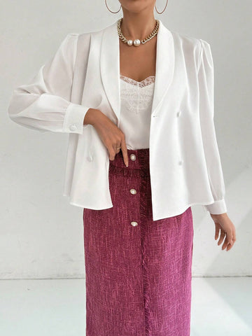 Modely Women's Solid Color Stand Collar Double-Breasted Lantern Sleeve Elegant Blouse,spring And Summer