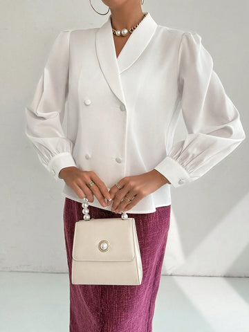 Modely Women's Solid Color Stand Collar Double-Breasted Lantern Sleeve Elegant Blouse,spring And Summer