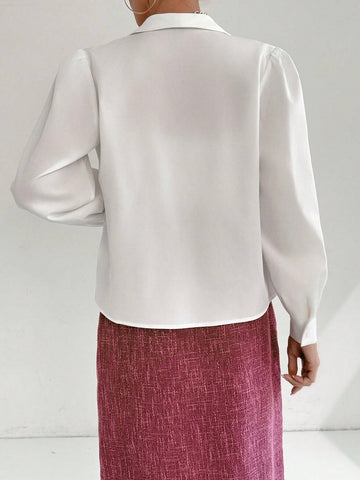 Modely Women's Solid Color Stand Collar Double-Breasted Lantern Sleeve Elegant Blouse,spring And Summer