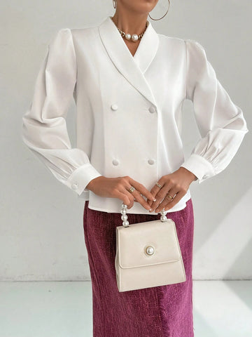 Modely Women's Solid Color Stand Collar Double-Breasted Lantern Sleeve Elegant Blouse,spring And Summer