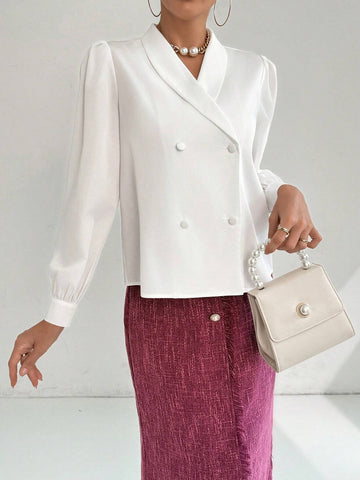 Modely Women's Solid Color Stand Collar Double-Breasted Lantern Sleeve Elegant Blouse,spring And Summer