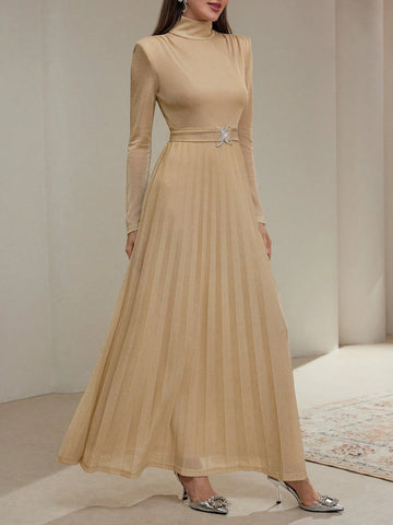 Women's Solid Color Stand Collar Long Sleeve Crystal Embellished Simple Casual Long Dress