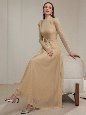 Women's Solid Color Stand Collar Long Sleeve Crystal Embellished Simple Casual Long Dress