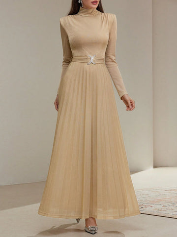 Women's Solid Color Stand Collar Long Sleeve Crystal Embellished Simple Casual Long Dress