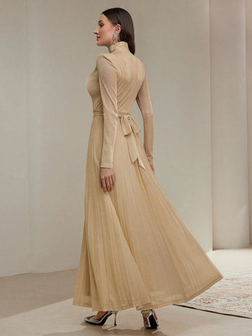 Women's Solid Color Stand Collar Long Sleeve Crystal Embellished Simple Casual Long Dress