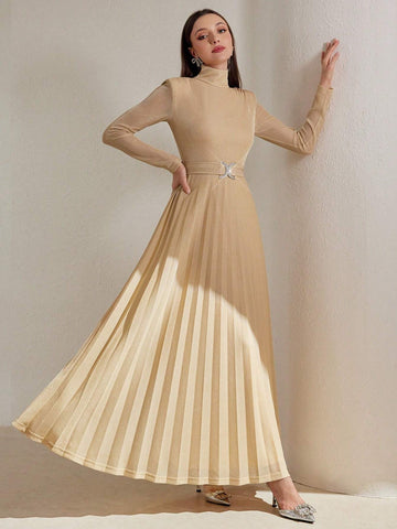 Women's Solid Color Stand Collar Long Sleeve Crystal Embellished Simple Casual Long Dress