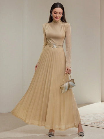 Women's Solid Color Stand Collar Long Sleeve Crystal Embellished Simple Casual Long Dress