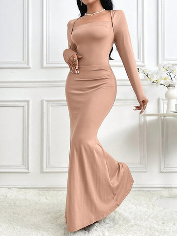 Women's Solid Color Transformable Collar Long Sleeve Dress