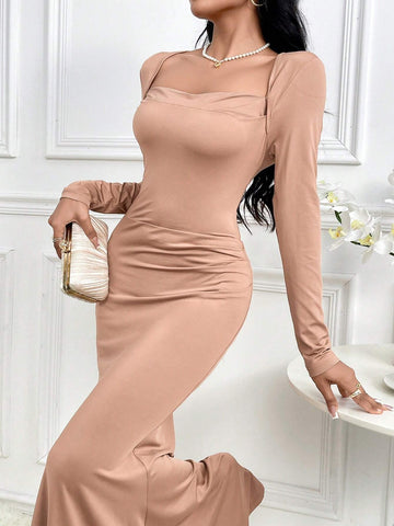 Women's Solid Color Transformable Collar Long Sleeve Dress