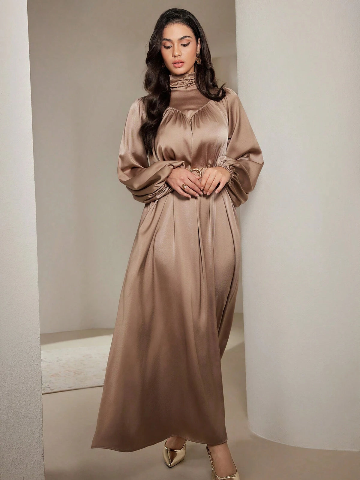 Women's Solid Color Turtleneck Long Sleeve Pleated Simple Long Casual Dress