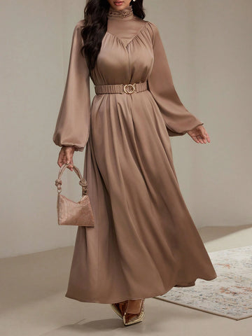 Women's Solid Color Turtleneck Long Sleeve Pleated Simple Long Casual Dress